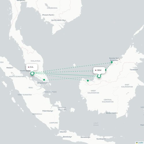 Mapa de vuelo directo Sibu - Kuala Lumpur