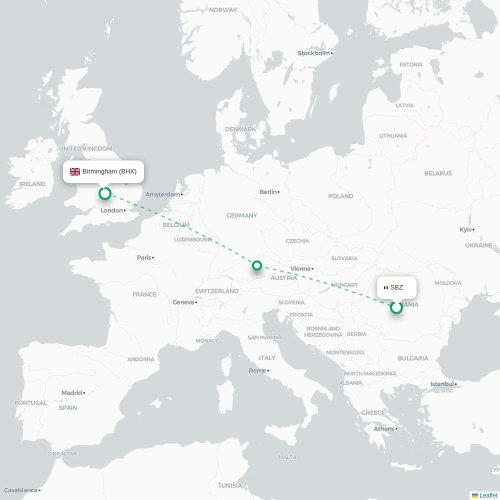 Mapa de vuelo directo Sibiu - Birmingham