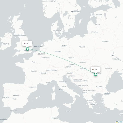 Mapa de vuelo directo Sibiu - Londres