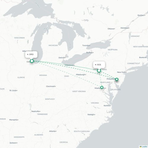 Mapa lotu bezpośredniego State College – Chicago