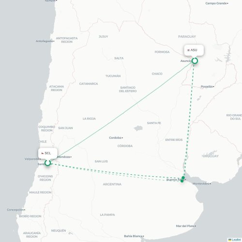 Mapa lotu bezpośredniego Santiago de Chile – Asunción