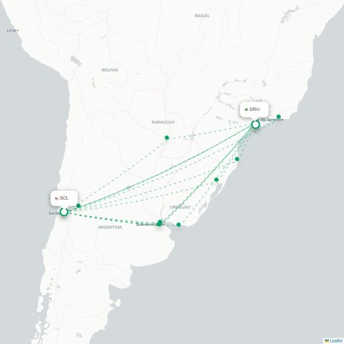 Santiago - Sao Paulo karta över direktflyg