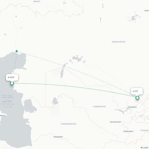 Mapa de vuelo directo Aktau - Shymkent