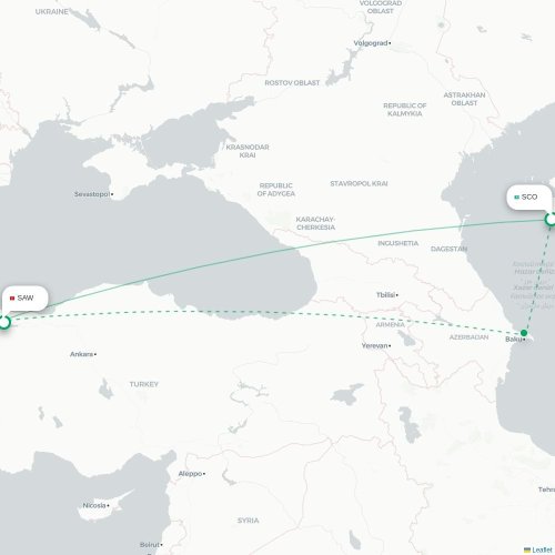 Mapa de vuelo directo Aktau - Estambul
