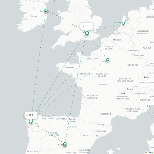 Mapa de vuelo directo Santiago de Compostela - Londres