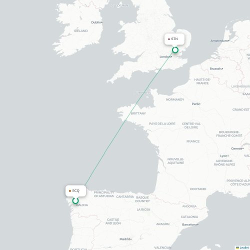 Mapa de vuelo directo Santiago de Compostela - Londres