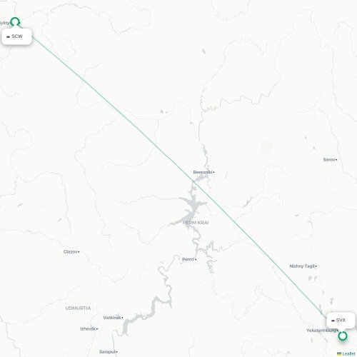 Mapa de vuelo directo Syktyvkar - Ekaterinburgo