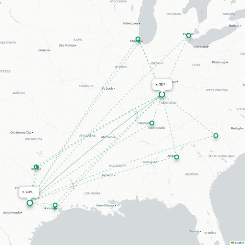Mapa lotu bezpośredniego Louisville – Austin