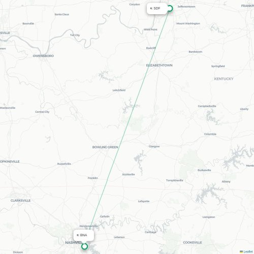Mapa lotu bezpośredniego Louisville – Nashville