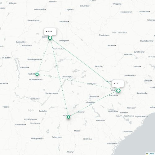 Mapa lotu bezpośredniego Louisville – Charlotte