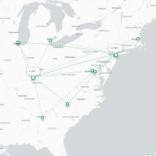 Mapa lotu bezpośredniego Louisville – Newark