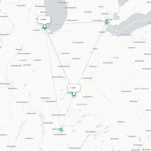 Mapa lotu bezpośredniego Louisville – Chicago