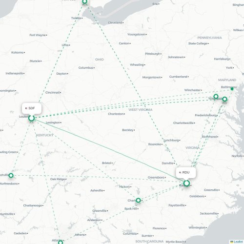 Mapa lotu bezpośredniego Louisville – Raleigh