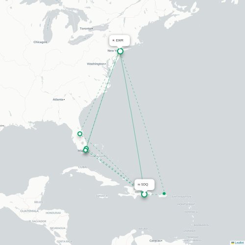 Mapa de vuelo directo Santo Domingo - Newark