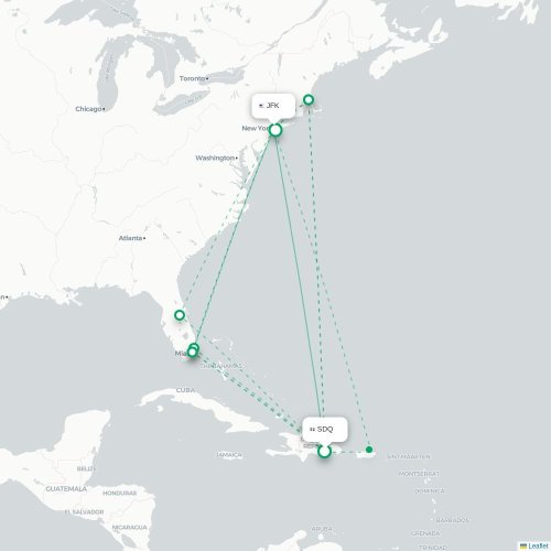 Mapa de vuelo directo Santo Domingo - Nueva York