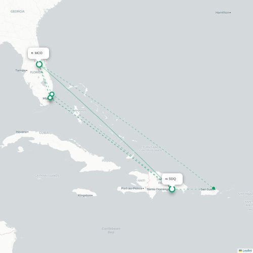 Mapa de vuelo directo Santo Domingo - Orlando