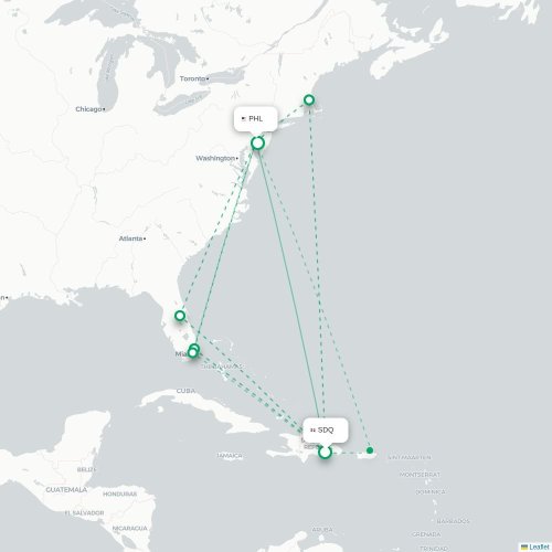 Mapa de vuelo directo Santo Domingo - Filadelfia