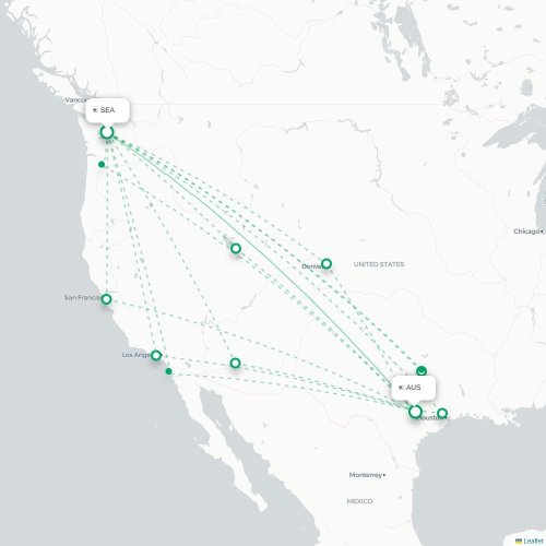 Mapa de vuelo directo Seattle - Austin