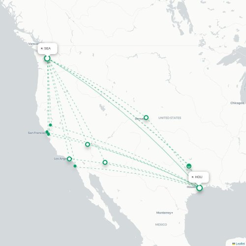 Mapa de vuelo directo Seattle - Houston