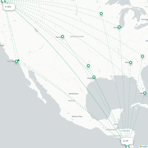 Mapa de vuelo directo Seattle - Liberia