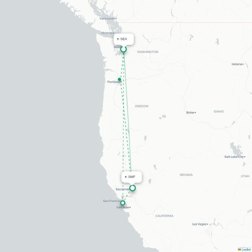 Mapa lotu bezpośredniego Seattle – Sacramento