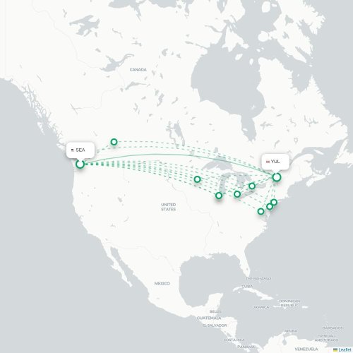 Mapa de vuelo directo Seattle - Montreal