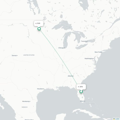 Mapa de vuelo directo Orlando - Fargo
