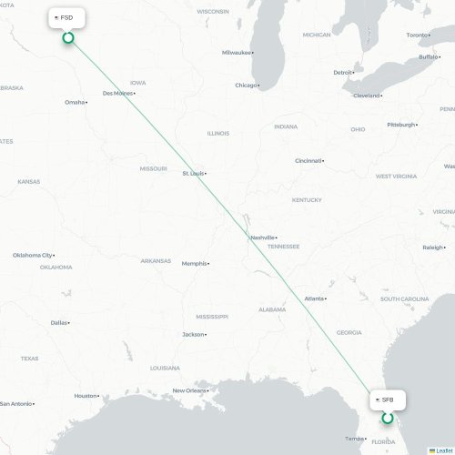 Mapa de vuelo directo Orlando - Sioux Falls