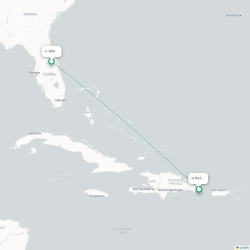 Mapa de vuelo directo Orlando - Punta Cana