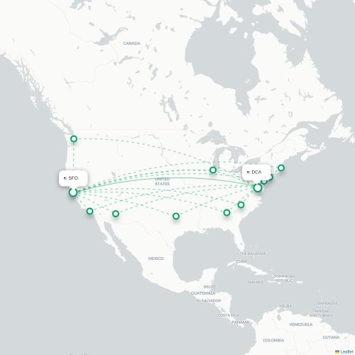 Mapa de vuelo directo San Francisco - Washington D. C.