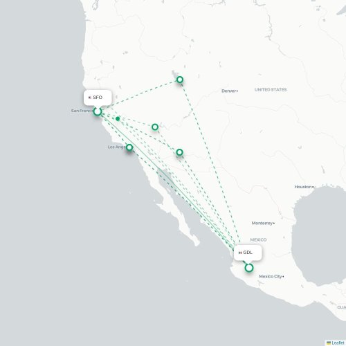 Mapa lotu bezpośredniego San Francisco – Guadalajara