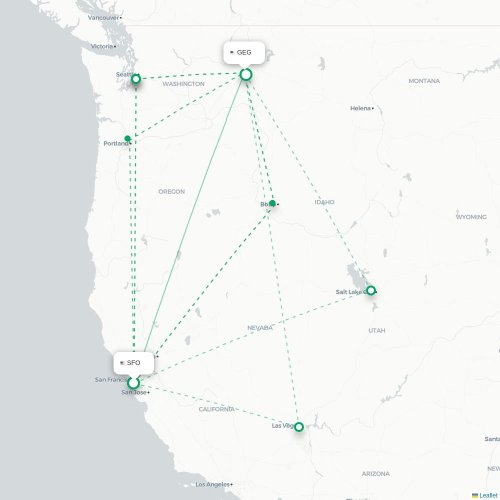 Mapa de vuelo directo San Francisco - Spokane
