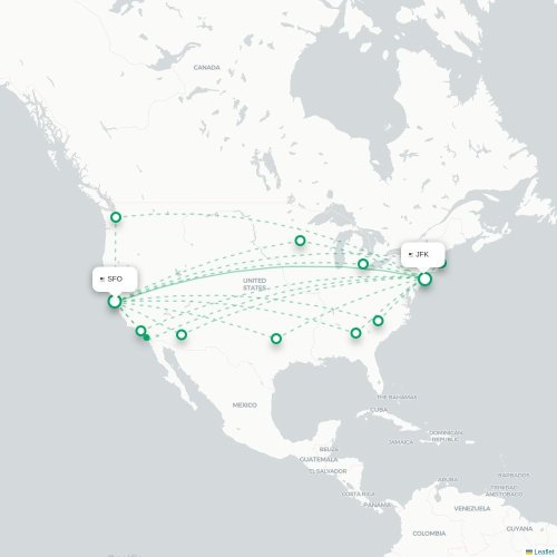 Mapa de vuelo directo San Francisco - Nueva York