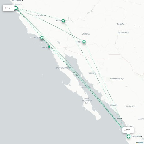 Mapa lotu bezpośredniego San Francisco – Puerto Vallarta
