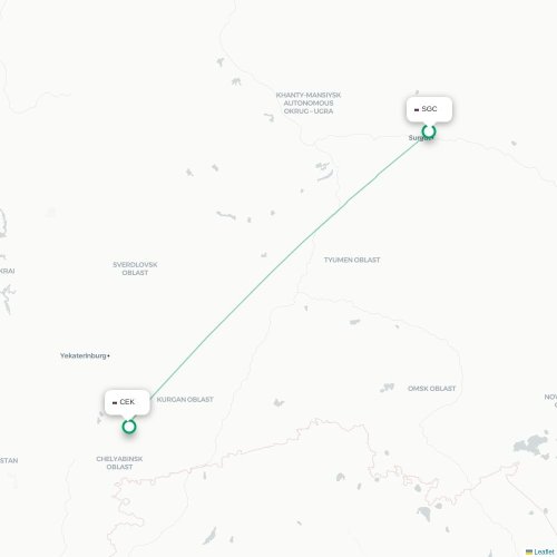 Mapa de vuelo directo Surgut - Cheliábinsk