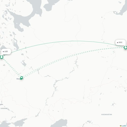 Mapa de vuelo directo Surgut - San Petersburgo