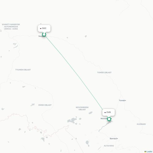 Mapa de vuelo directo Surgut - Novosibirsk