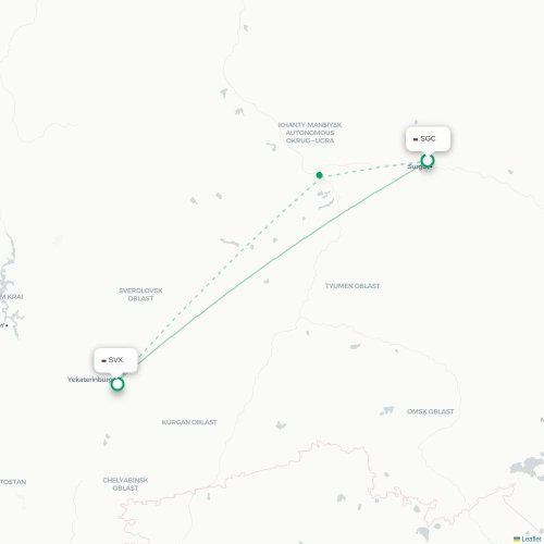 Mapa de vuelo directo Surgut - Ekaterinburgo
