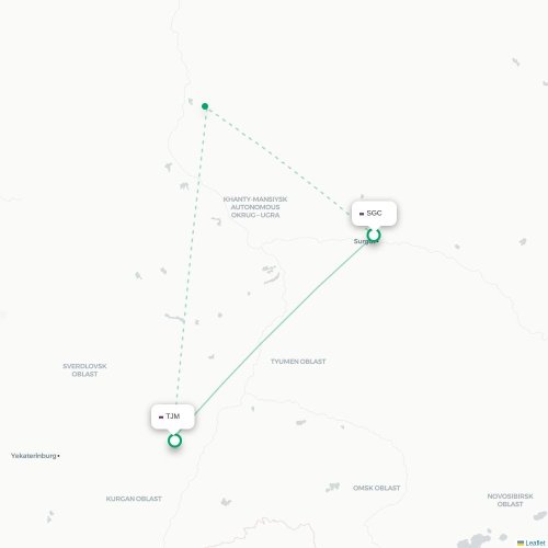 Mapa de vuelo directo Surgut - Tyumen