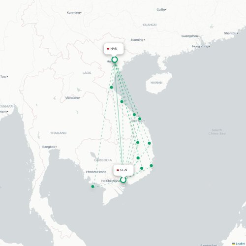 Mapa lotu bezpośredniego Ho Chi Minh – Hanoi
