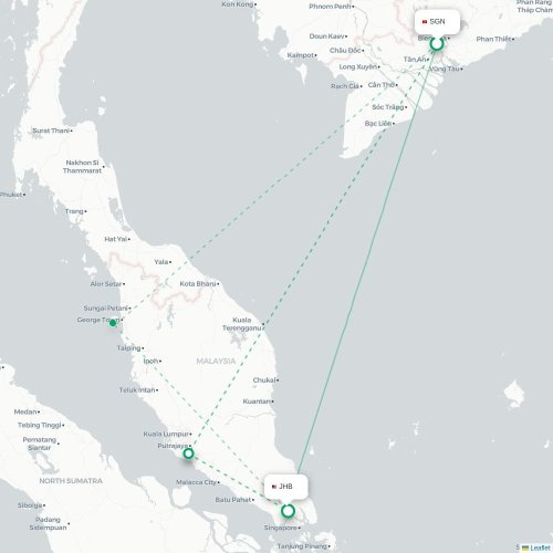 Mapa lotu bezpośredniego Ho Chi Minh – Johor Bahru