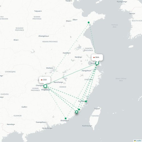 Mapa lotu bezpośredniego Szanghaj – Changsha