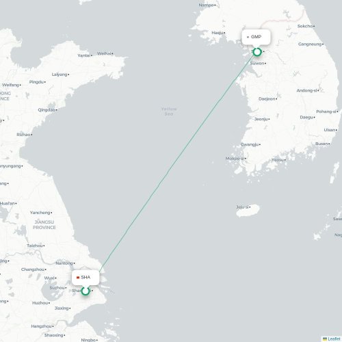 Mapa lotu bezpośredniego Szanghaj – Seul
