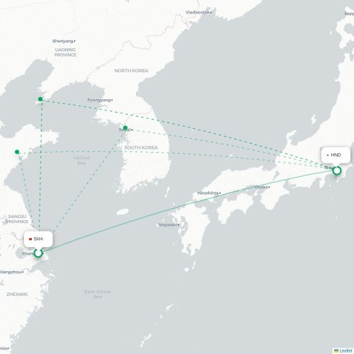 Mapa lotu bezpośredniego Szanghaj – Tokio
