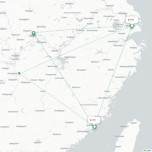 Mapa lotu bezpośredniego Szanghaj – Quanzhou