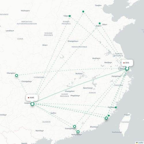 Mapa lotu bezpośredniego Szanghaj – Guiyang