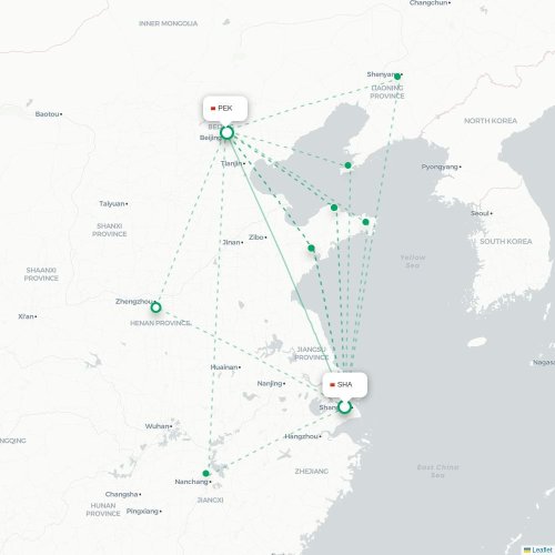 Mapa lotu bezpośredniego Szanghaj – Pekin
