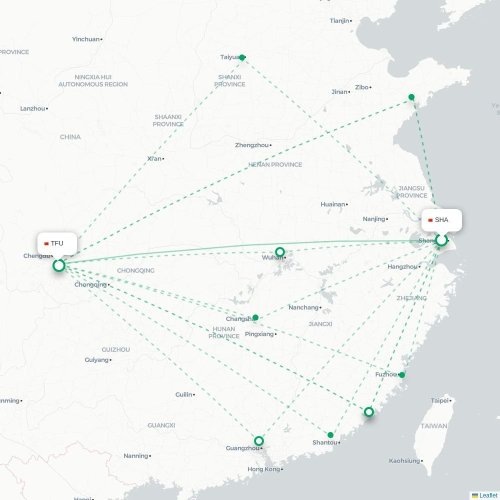Mapa lotu bezpośredniego Szanghaj – Chengdu