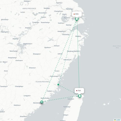 Mapa lotu bezpośredniego Szanghaj – Tajpej