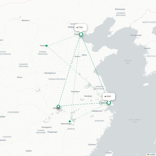 Mapa lotu bezpośredniego Szanghaj – Tiencin